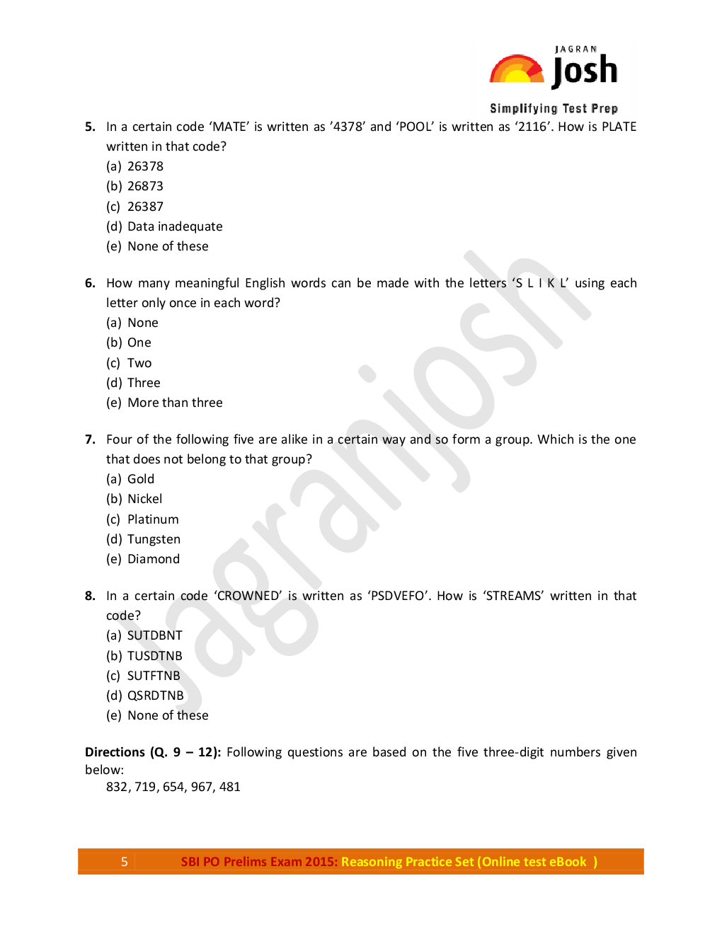 SBI PO Prelims Exam 2015 Reasoning Practice Paper (Set-1) - Page 5