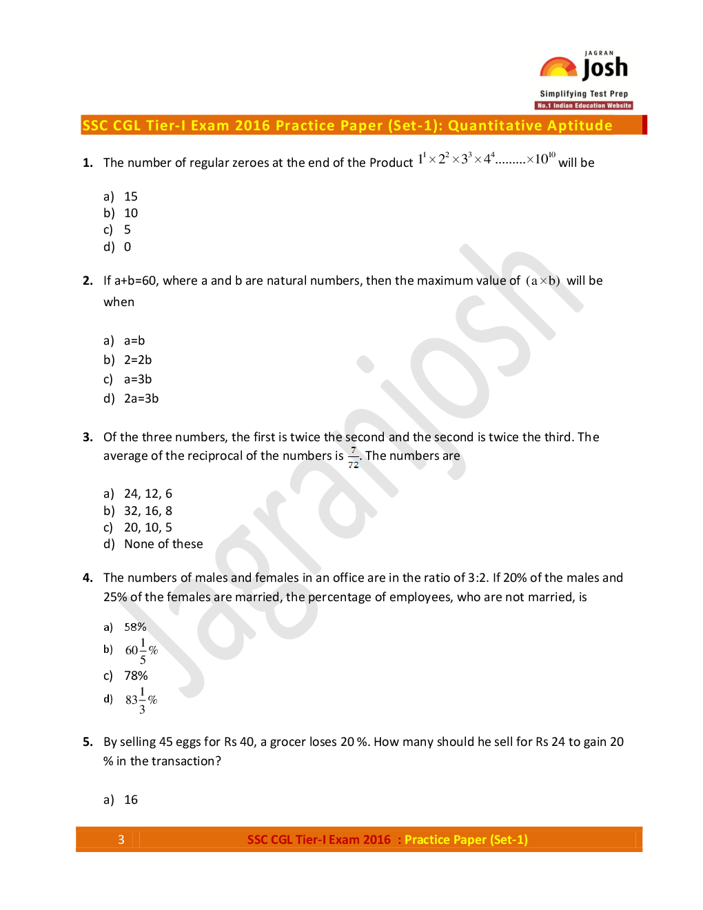 SSC CGL Tier-I Exam 2016 Practice Paper (Set-1) - Page 3