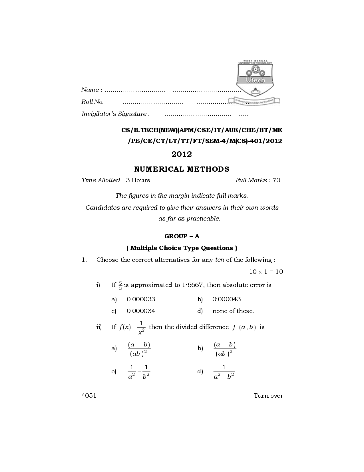 WBUT Computer Science Engineering 4th Semester Previous Year Question Paper - Page 2