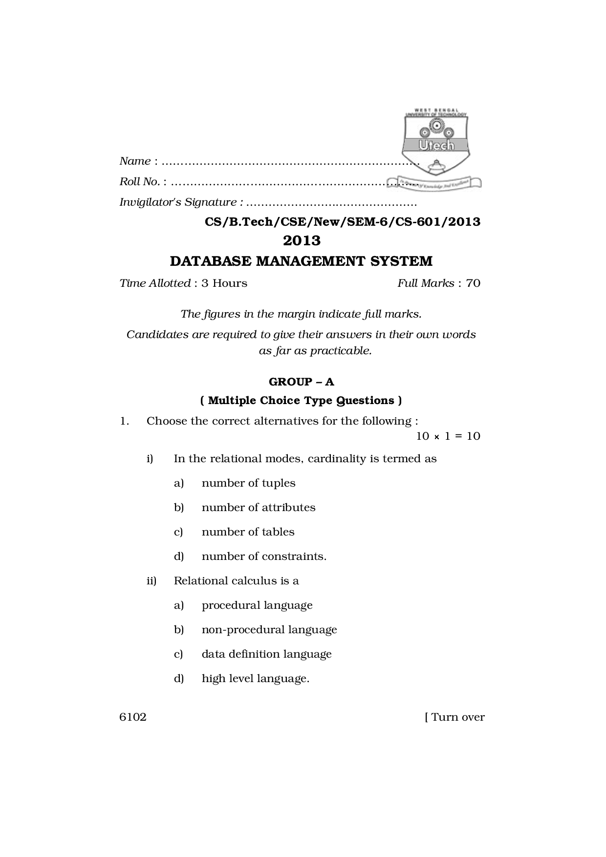 WBUT Computer Science Engineering 6th Semester Previous Year Question Paper - Page 2