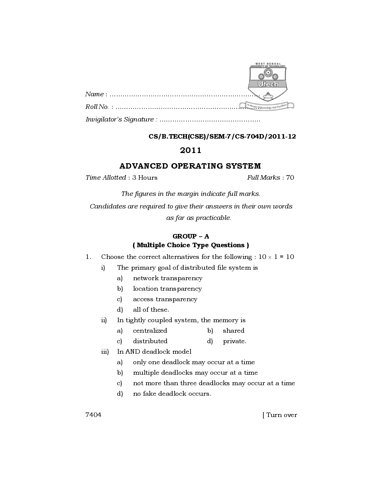 WBUT Computer Science Engineering 7th Semester Previous Year Question Paper - Page 2