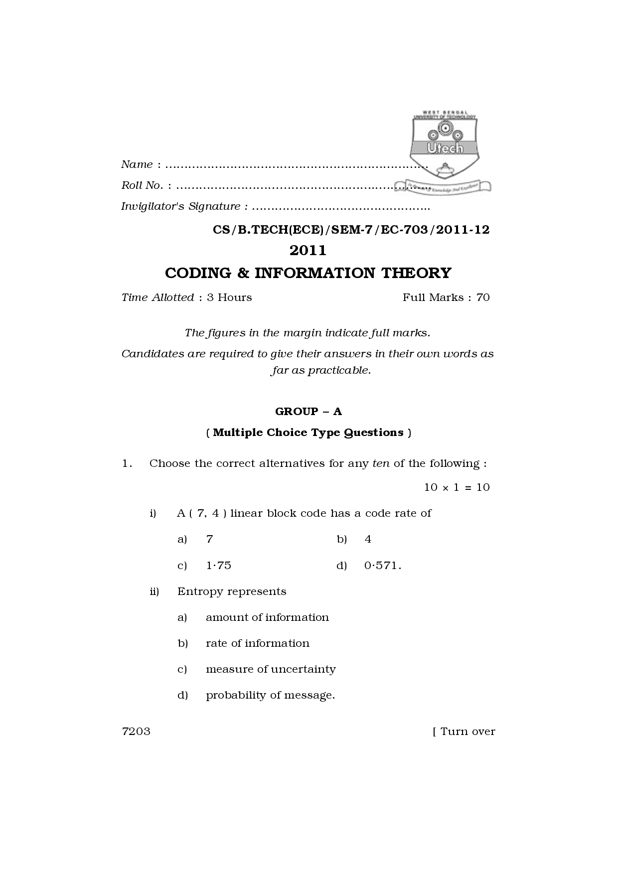 WBUT Electronics And Communication Engineering 7th Semester Previous Year Question Paper - Page 2