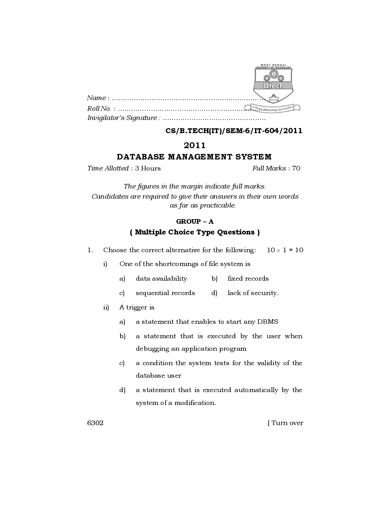 WBUT Information Technology Engineering 6th Semester Previous Year Question Paper - Page 2