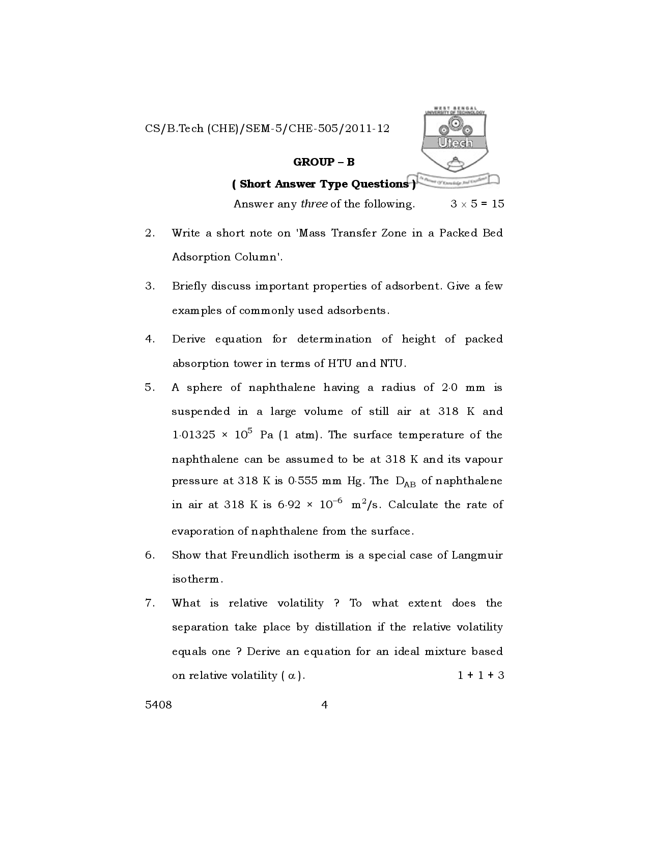 WBUT Chemical Engineering 5th Semester Previous Year Question Paper - Page 5