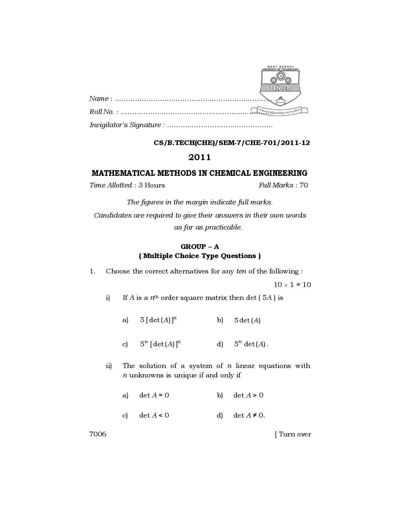 WBUT Chemical Engineering 7th Semester Previous Year Question Paper - Page 2