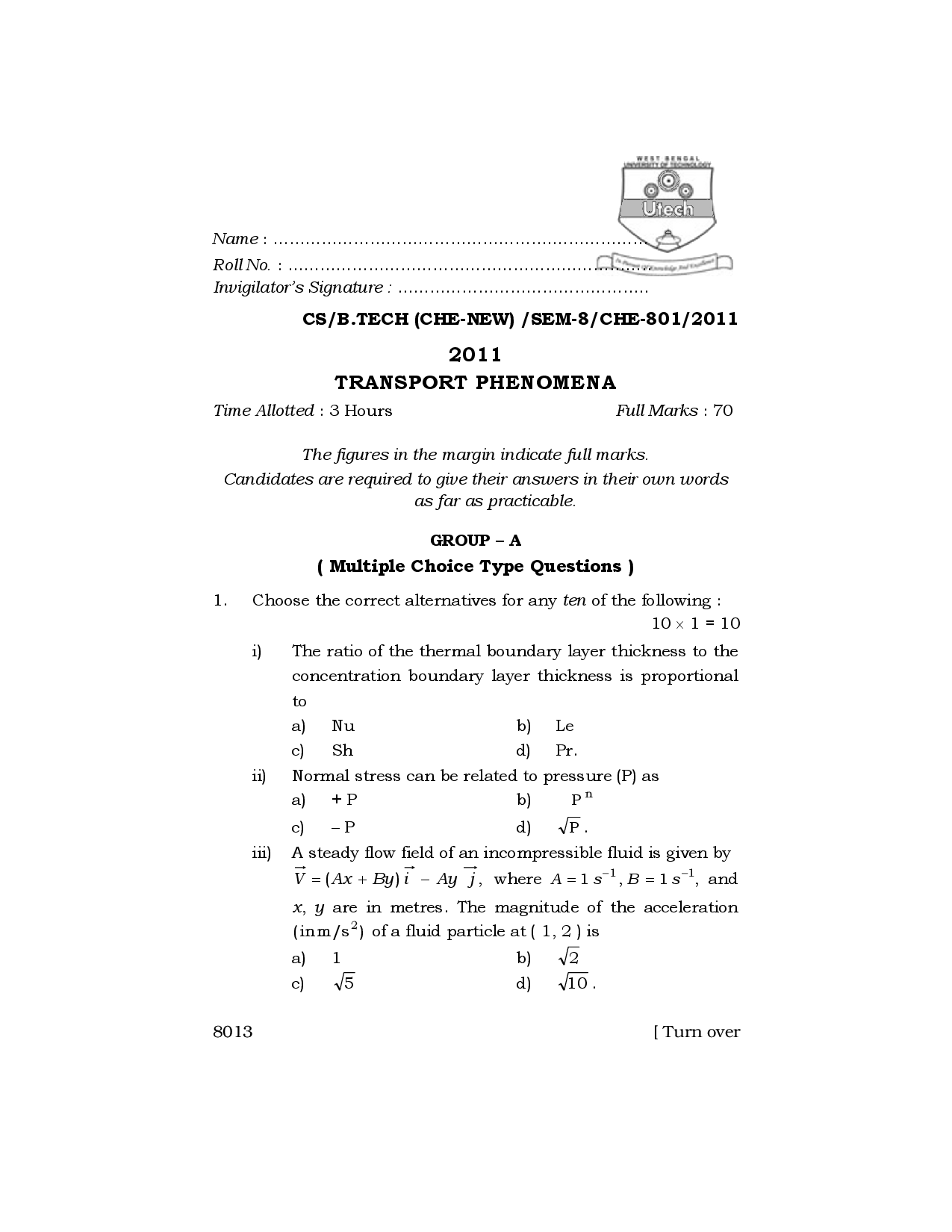 WBUT Chemical Engineering 8th Semester Previous Year Question Paper - Page 2