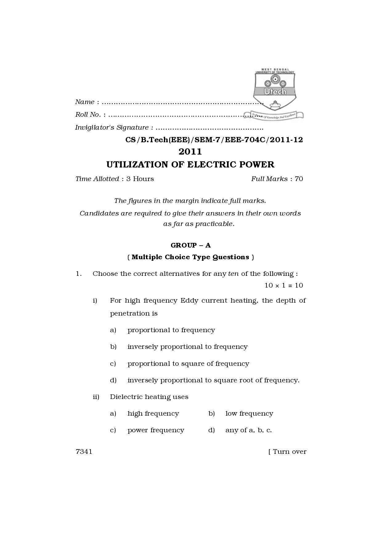 WBUT Electrical Engineering 7th Semester Previous Year Question Paper - Page 2