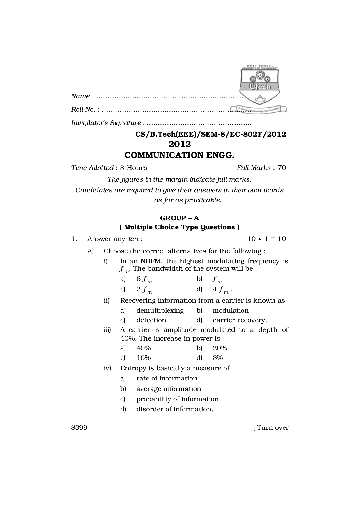 WBUT Electrical Engineering 8th Semester Previous Year Question Paper - Page 2