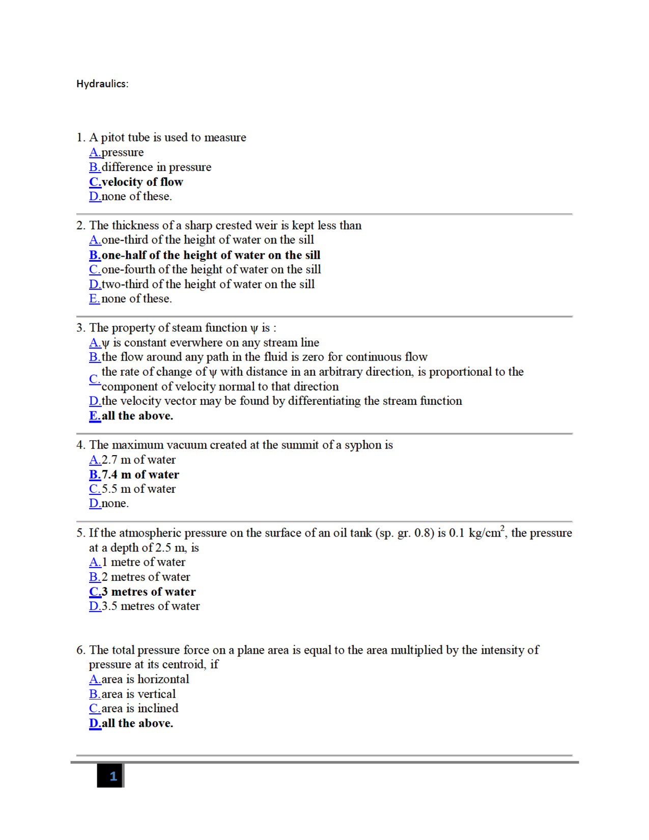MCQ\'s On Hydraulics (Civil Engineering) - Page 2