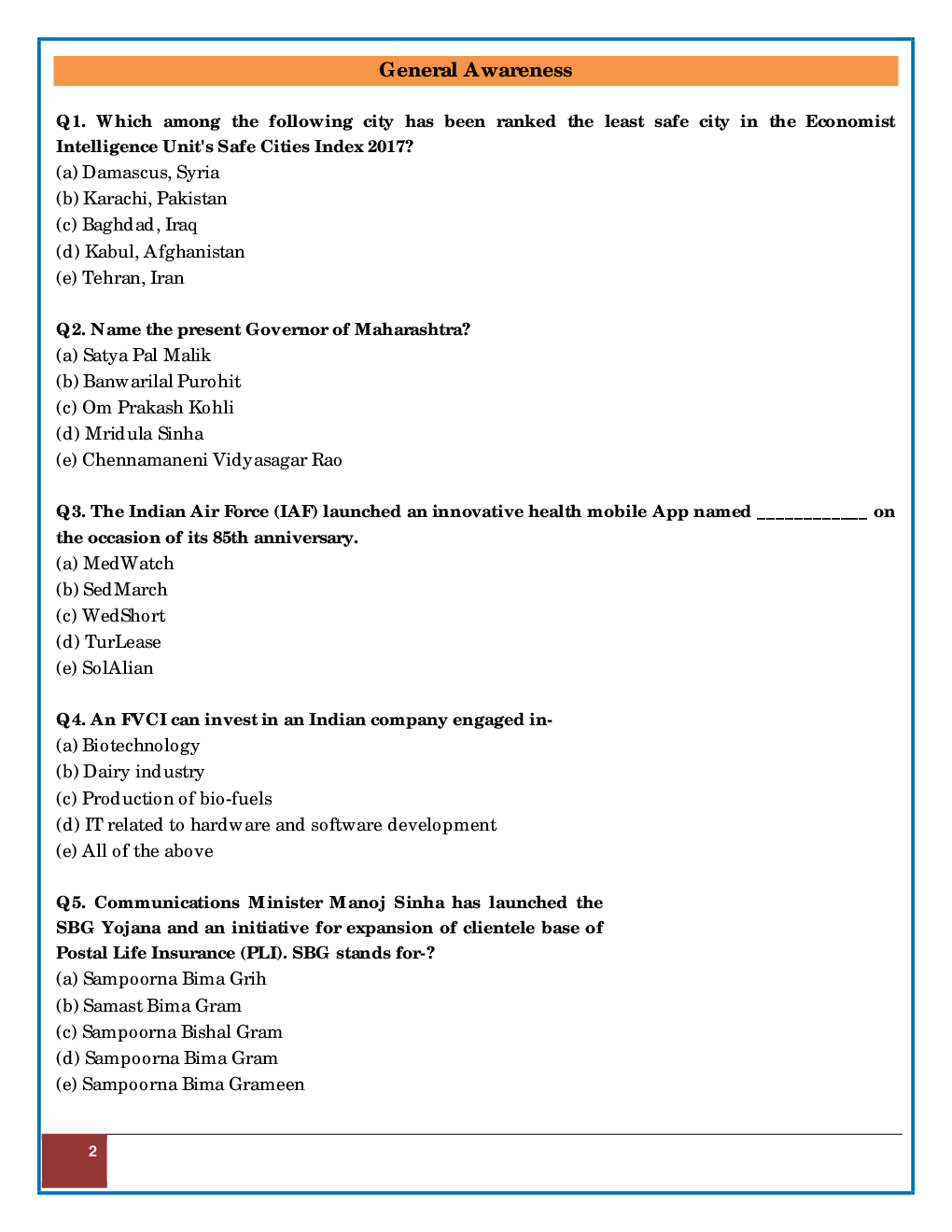 General Awareness And Reasoning Ability IBPS RRB PO Mains Sample Paper Question And Answer 2017 - Page 2