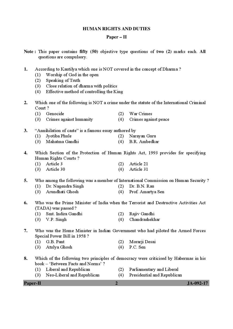 UGC NET Human Rights & Duties Paper II 2015, 2016, 2017 Question Paper With Answer Key - Page 2