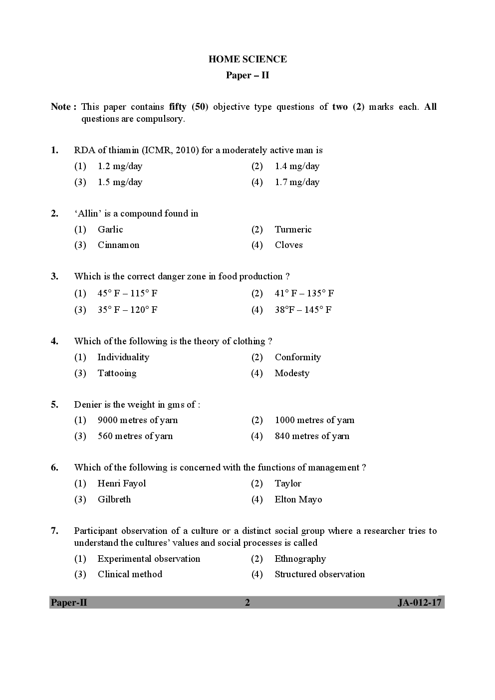 UGC NET Home Science Paper II 2015, 2016, 2017 Question Paper With Answer Key - Page 2