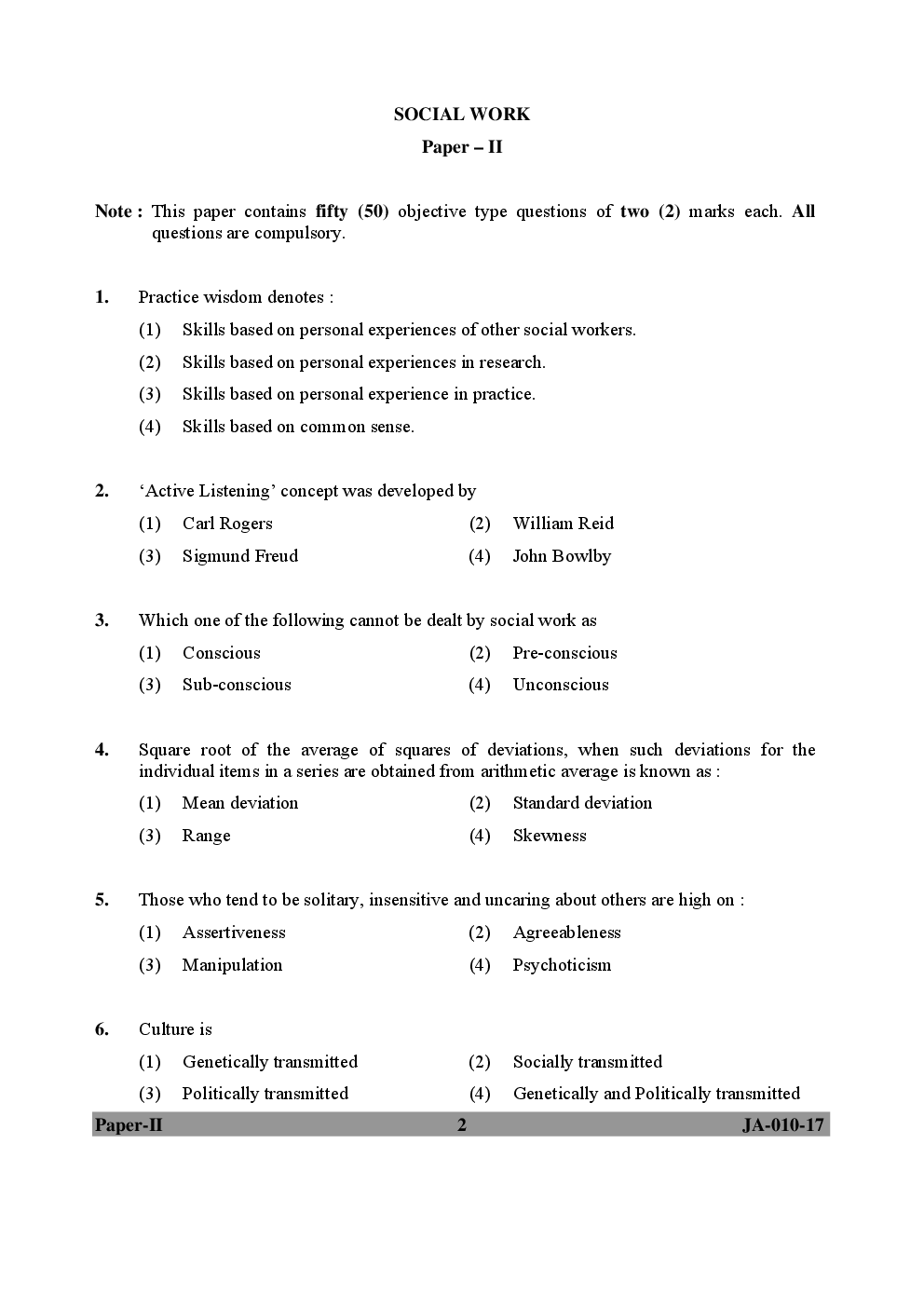 UGC NET Social Work Paper II 2015, 2016, 2017 Question Paper With Answer Key - Page 2
