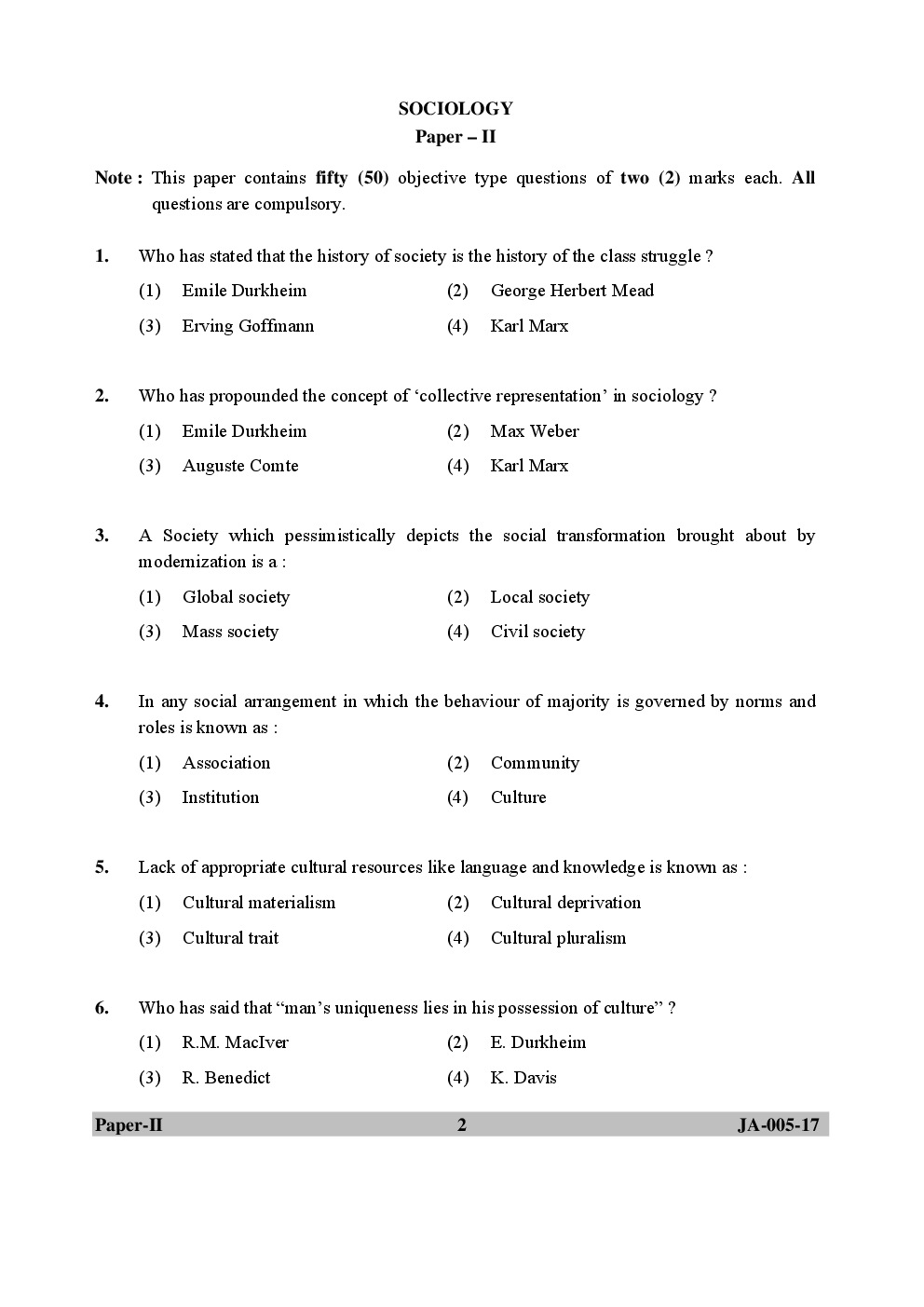 UGC NET Sociology Paper II 2015, 2016, 2017 Question Paper With Answer Key - Page 2