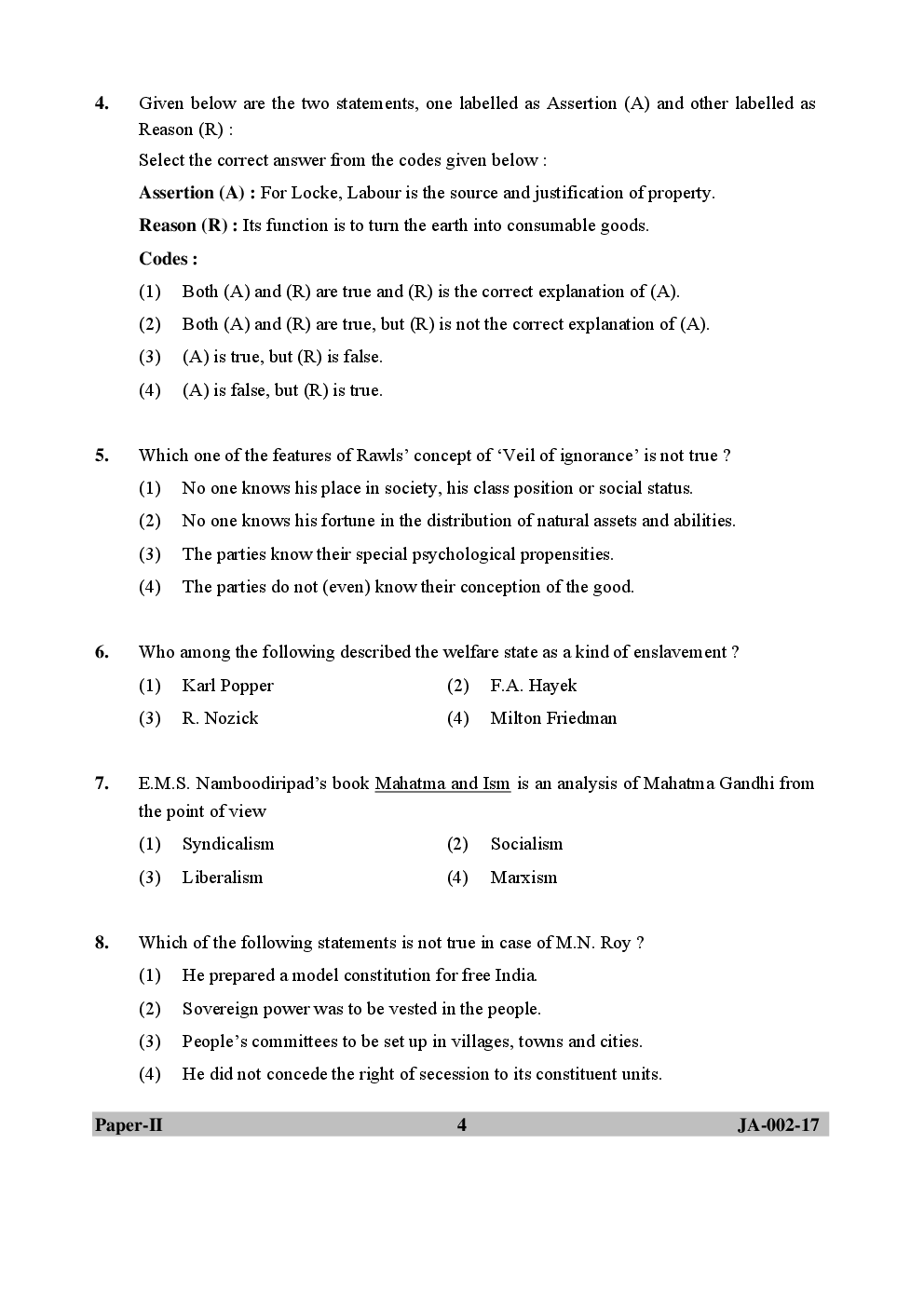 UGC NET Political Science Paper II 2015, 2016, 2017 Question Paper With Answer Key - Page 4