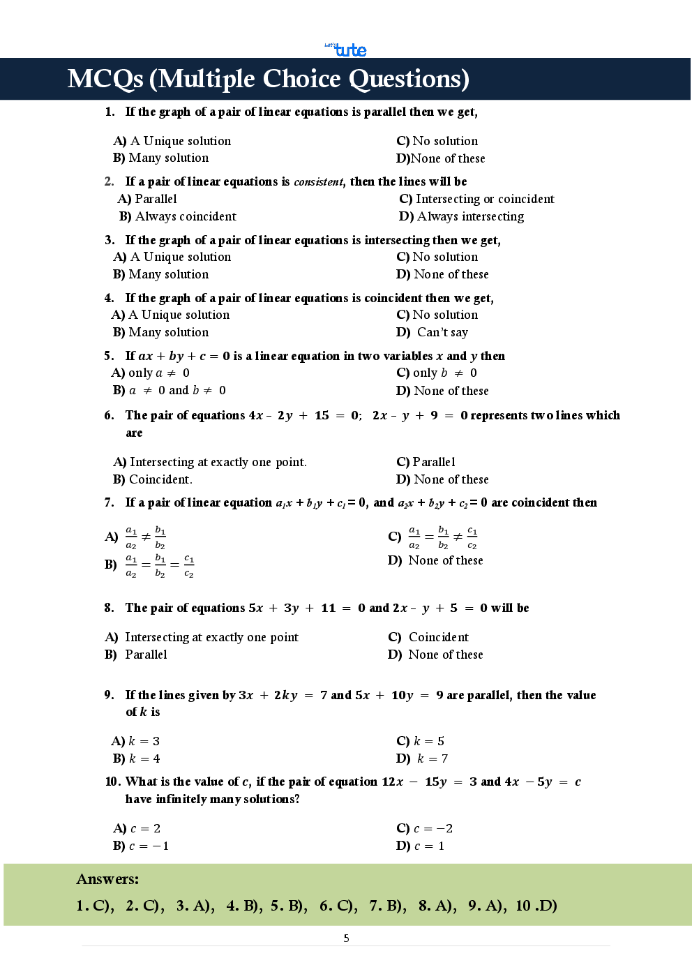 Mathematics Smart Book Pair Of Linear Equations For Class X (CBSE) - Page 5