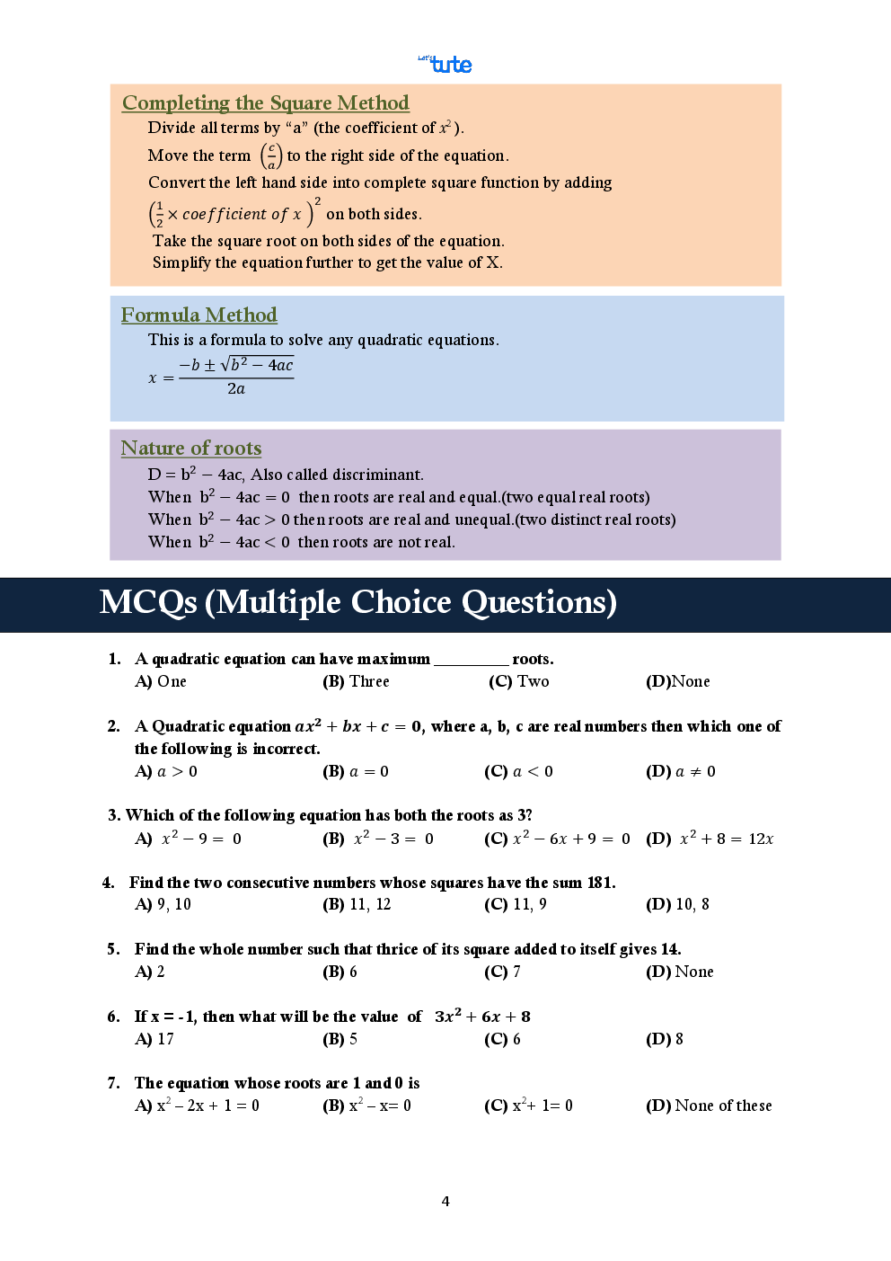 Mathematics Smart Book Quadratic Equation For Class X (CBSE) - Page 4