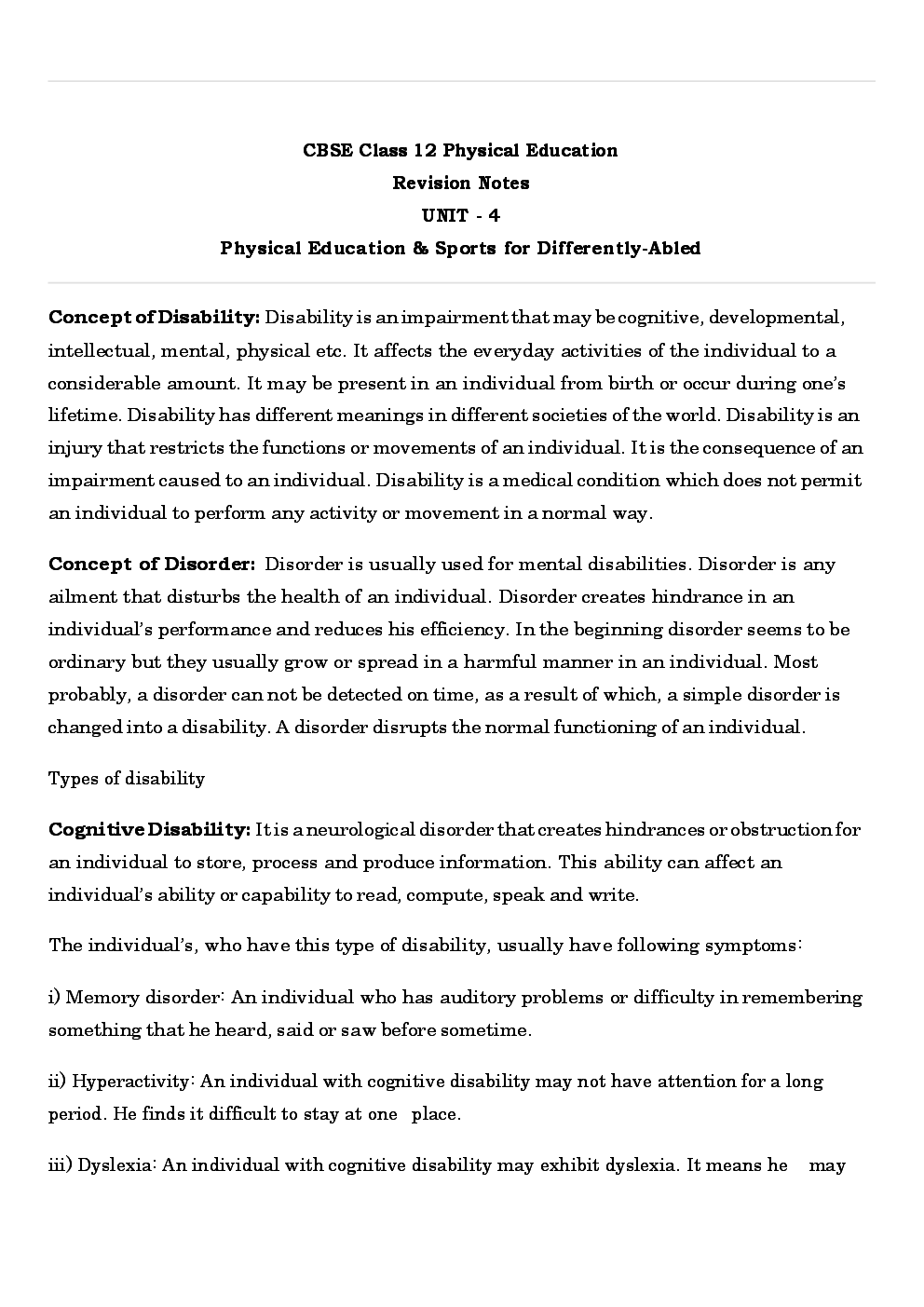 CBSE Class 12 Physical Education Revision Notes Sports for Differently-Abled  - Page 2