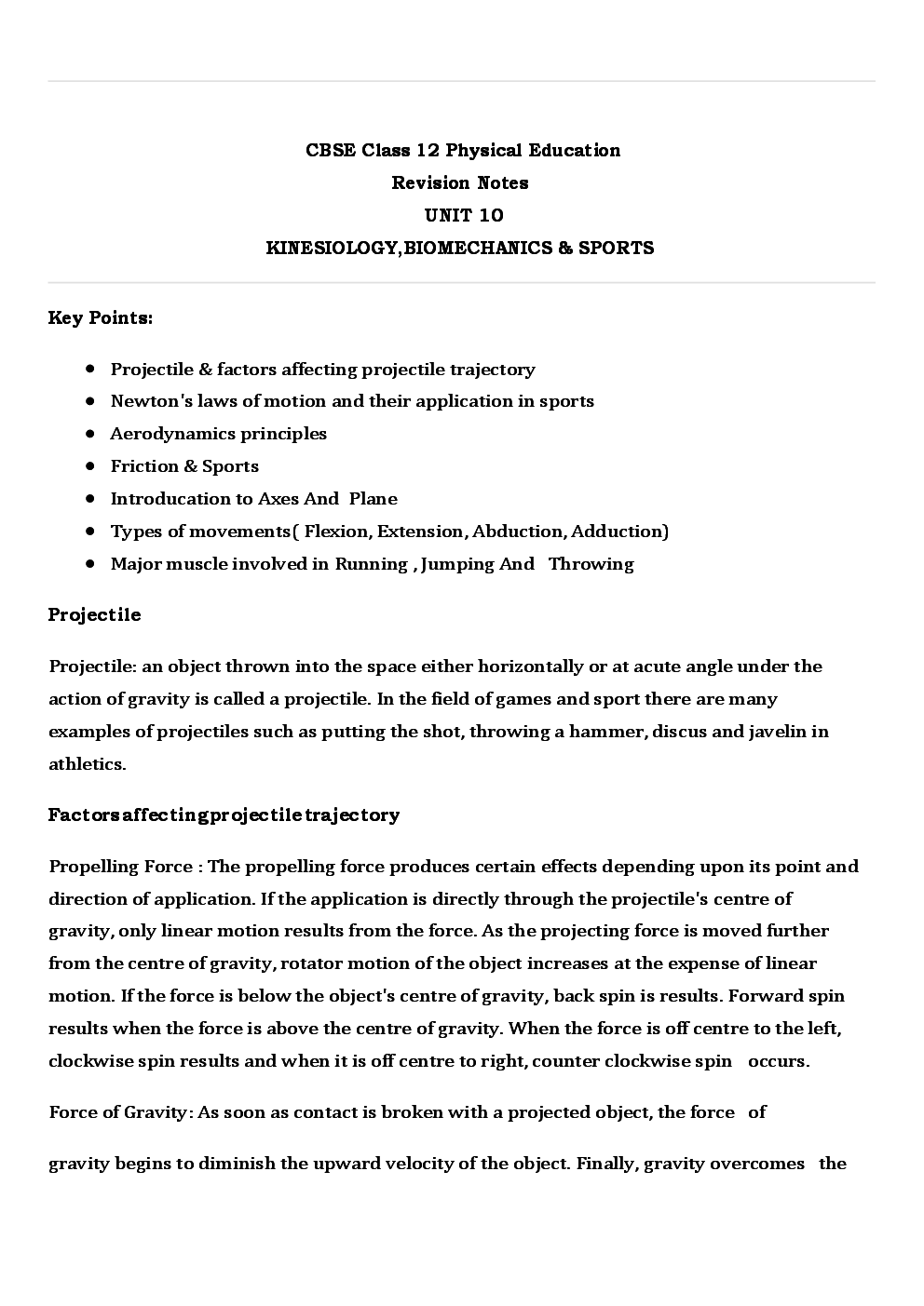 CBSE Class 12 Physical Education Revision Notes Kinesiology, Biomechanics & Sports - Page 2