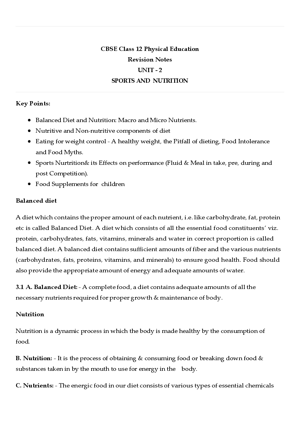 CBSE Class 12 Physical Education Revision Notes Sports And Nutrition - Page 2