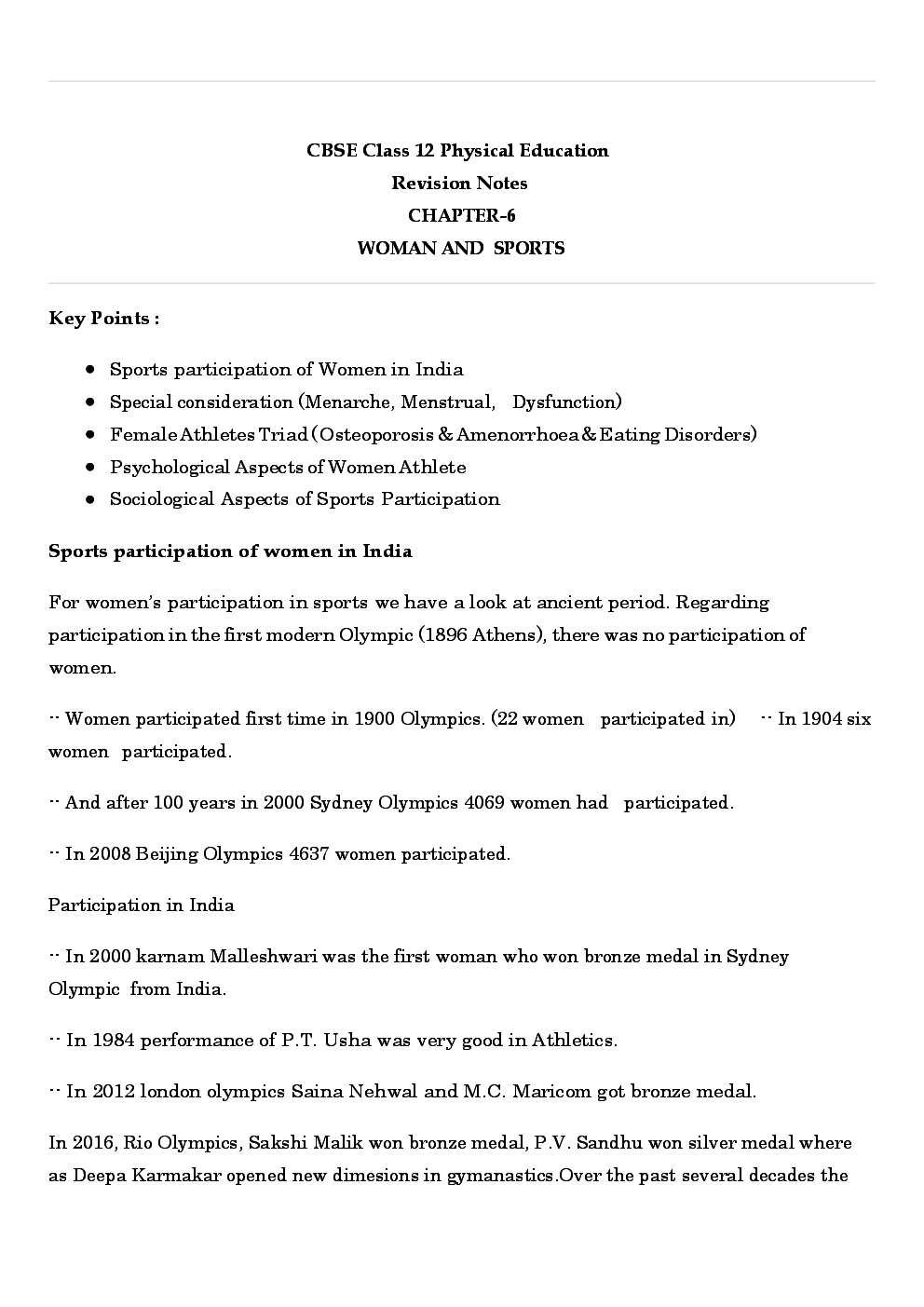 CBSE Class 12 Physical Education Revision Notes Woman And Sports - Page 2