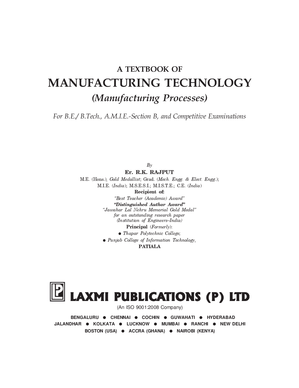 A Textbook Of Manufacturing Technology (Manufacturing Processes) - Page 5