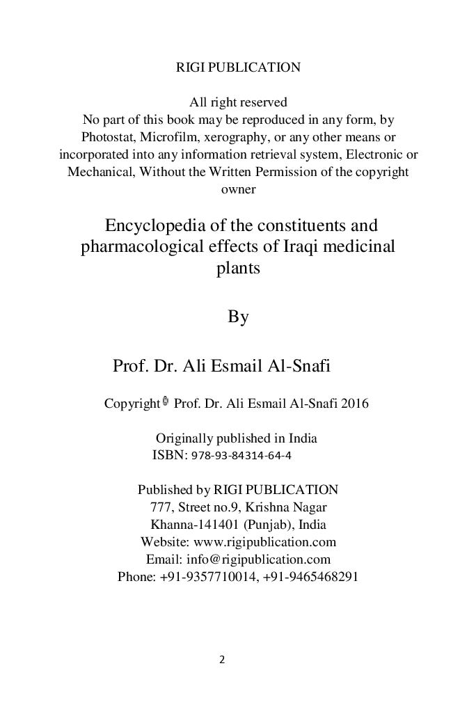 Encyclopaedia Of The Constituents And Pharmacological Effects Of Iraqi Medicinal Plants Vol.-2 - Page 3