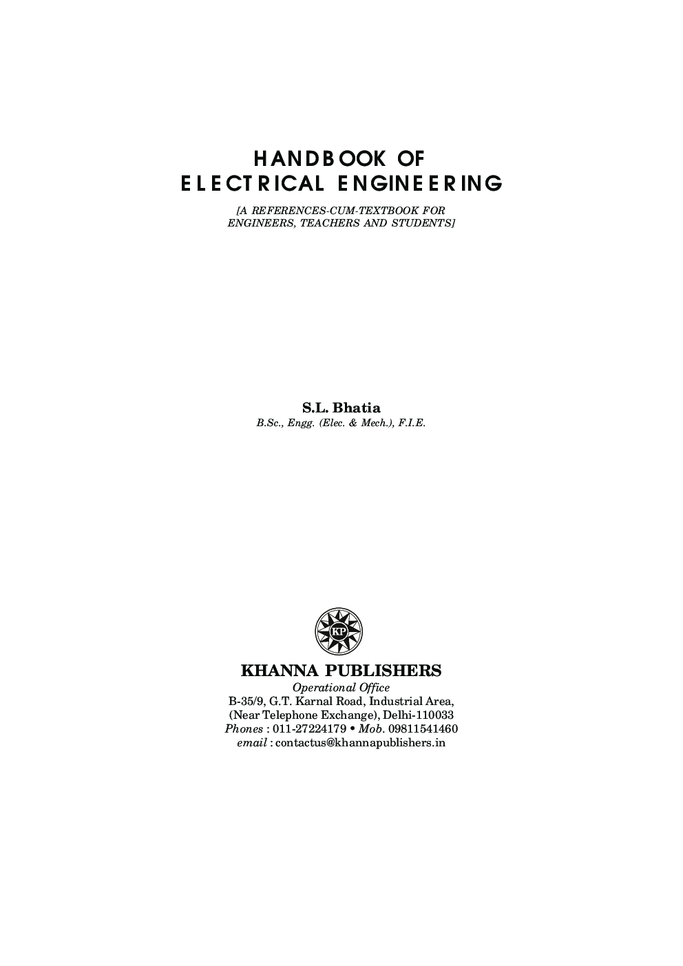 Download KHANNA Handbook Of Electrical Engineering PDF Online 2020