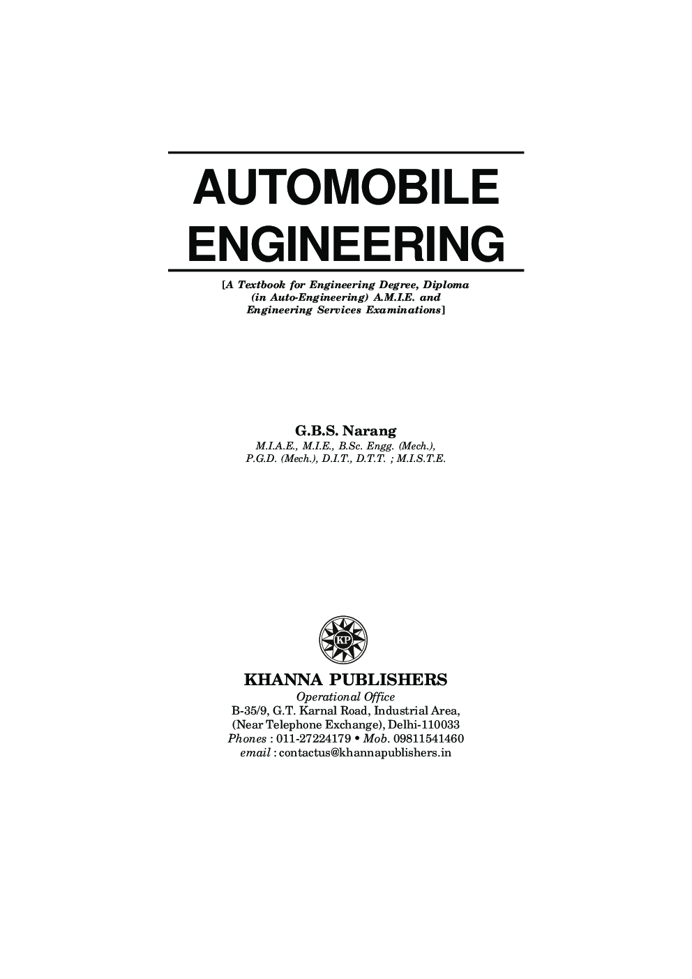 Download Automobile Engineering PDF Online 2020 by G. B. S. Narang
