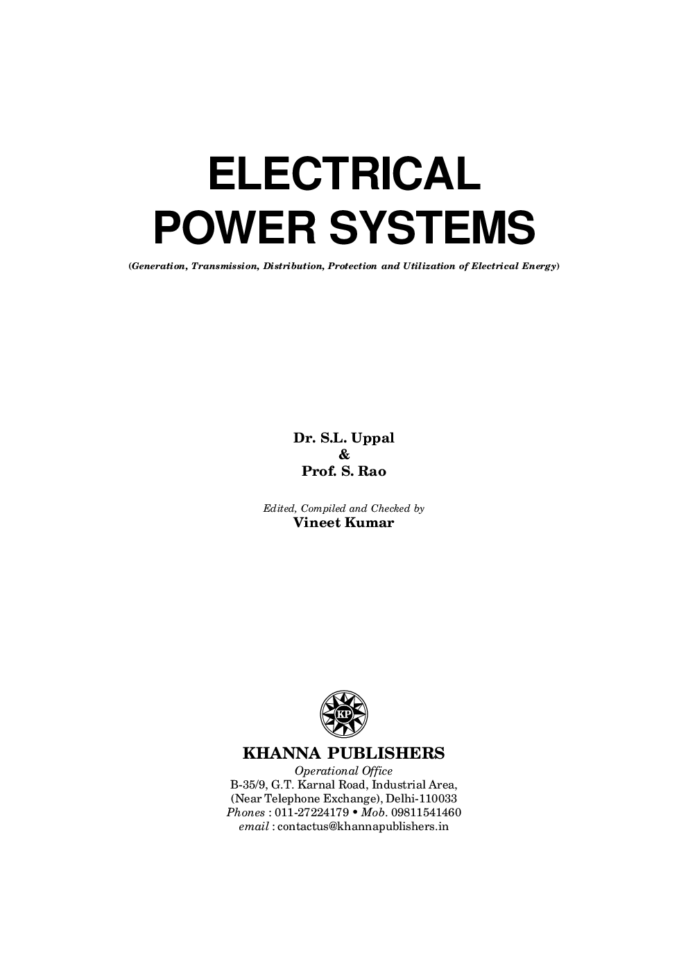 Download Electrical Power Systems PDF Online 2020 by S L Uppal, S Rao