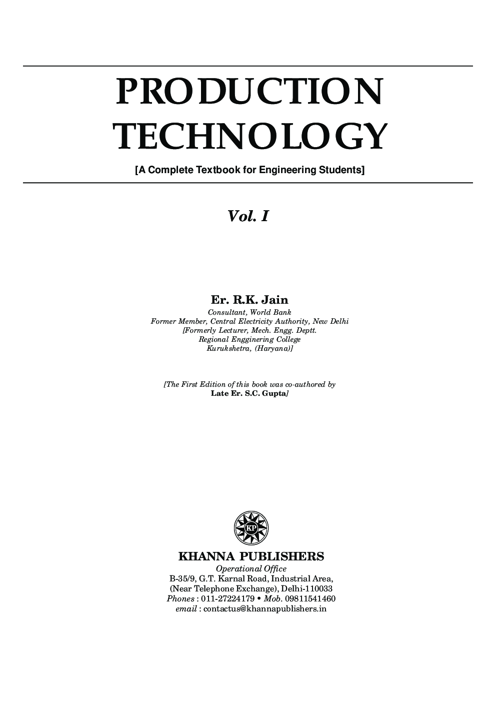 Download Production Technology Book pdf by R K Jain 2020