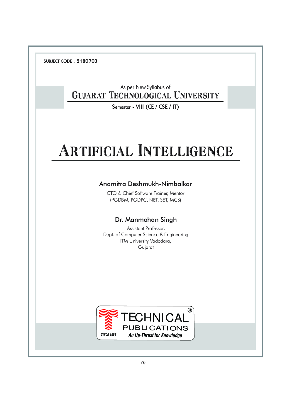 Download GTU University Artificial Intelligence PDF Online by Anamitra
