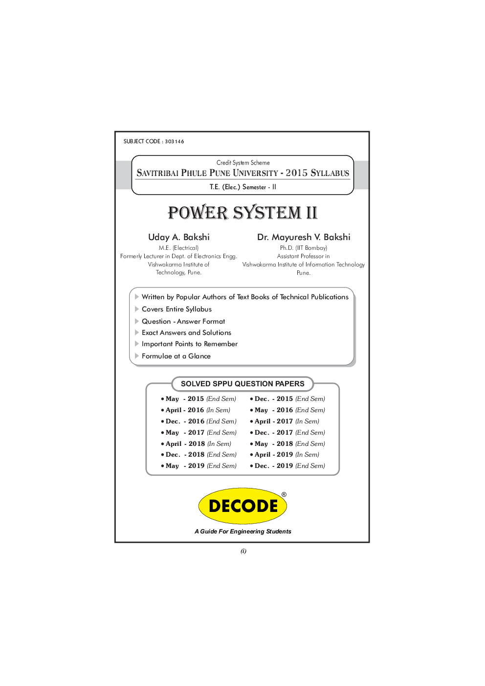 Download DECODE SPPU Power System II 15 Course PDF Online By U A Bakshi M V Bakshi