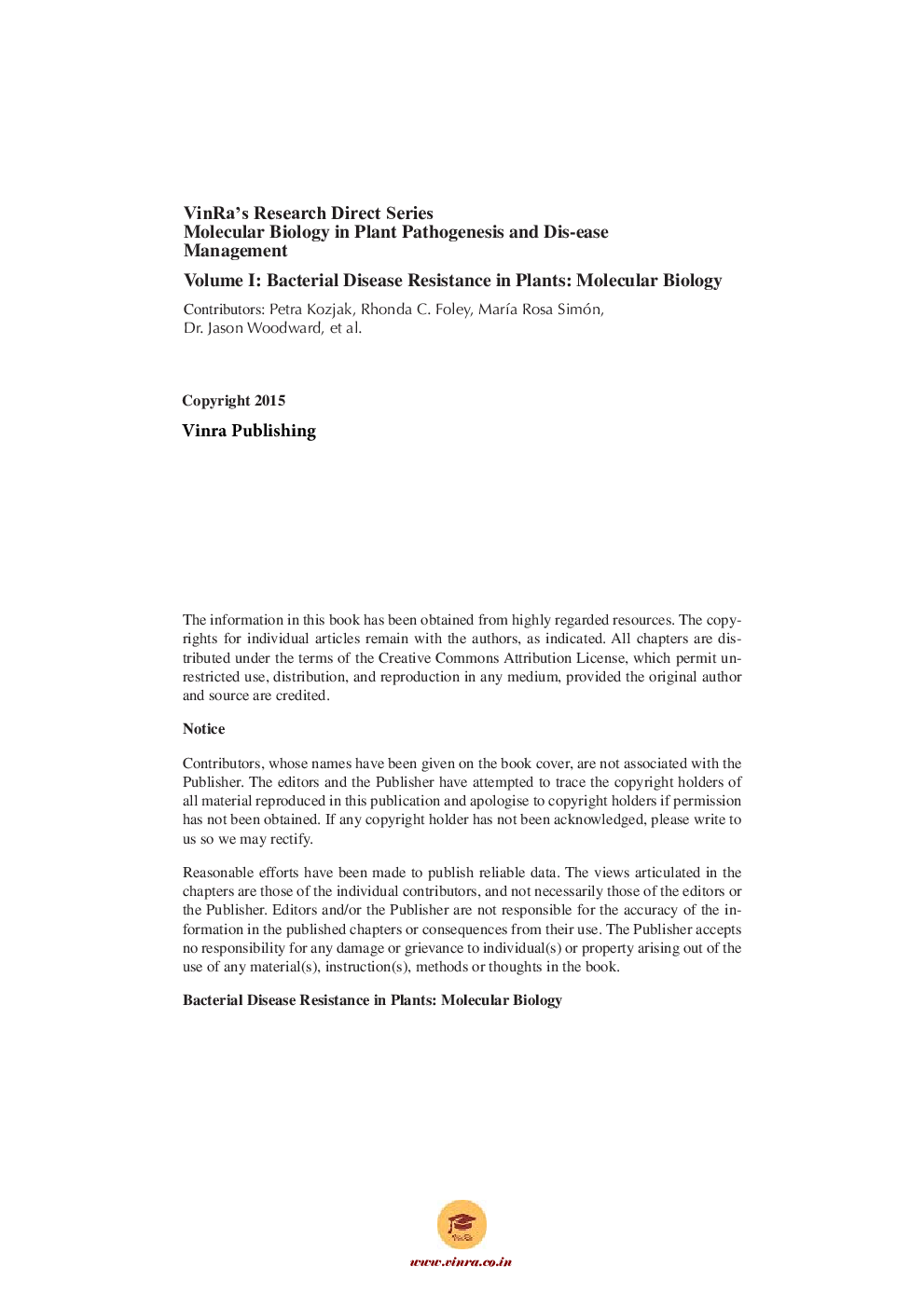 Bacterial Disease Resistance in Plants Molecular Biology Vol I - Page 5