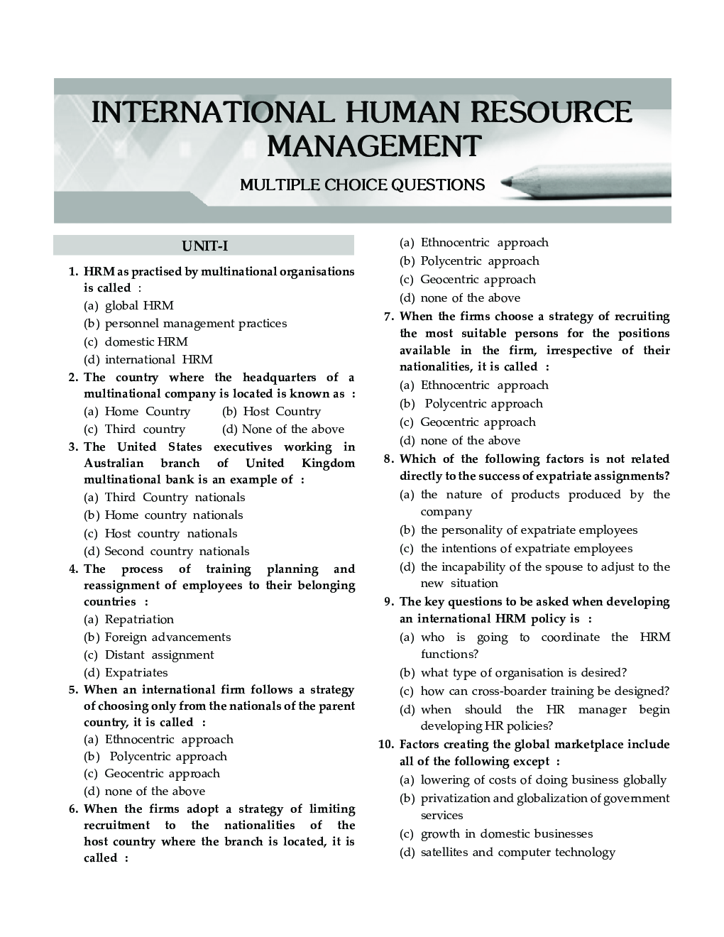 MCQs Of International Human Resource Management For MBA - Page 3