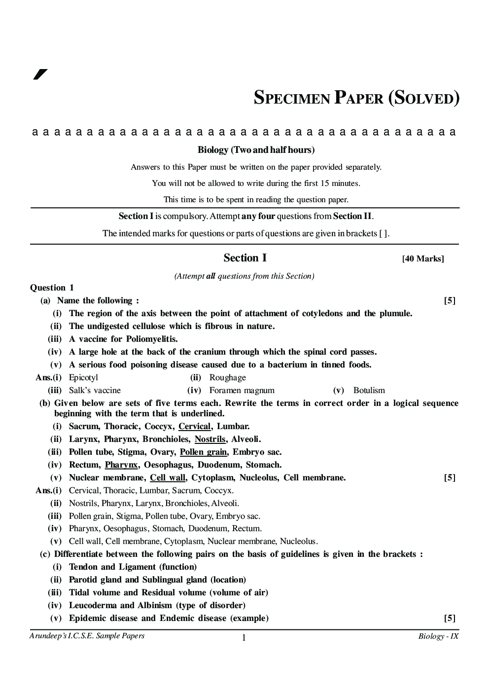 Self-Help to ICSE Model Test Papers Biology For Class 9 - Page 5