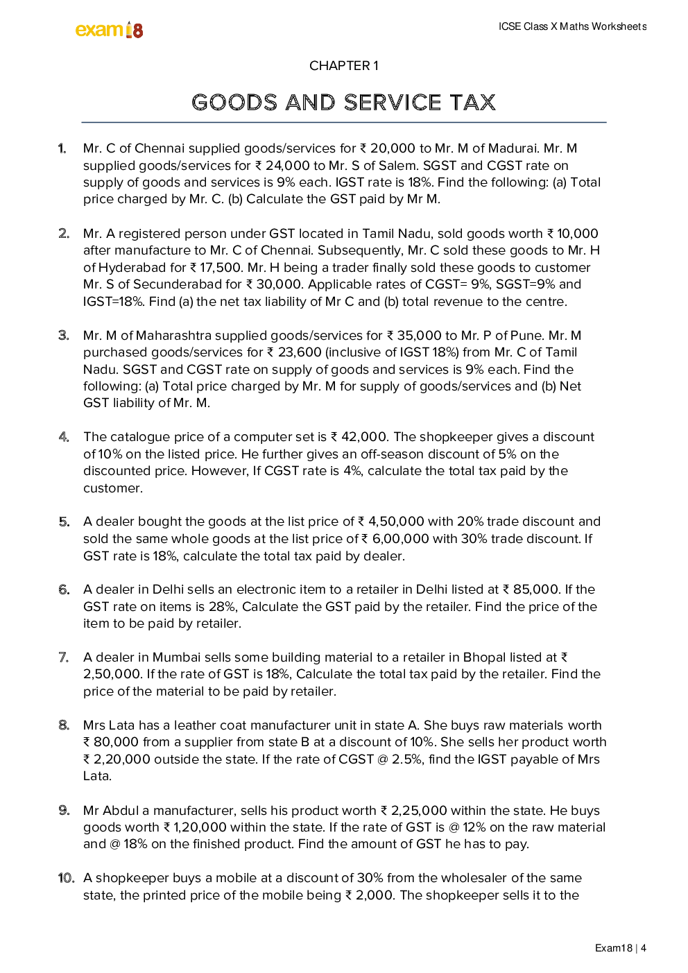 Exam18 ICSE Maths Chapterwise Practice Workbook For Class 10 - Page 4