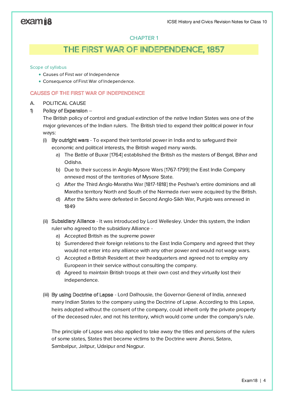 Download Exam18 ICSE Class 10 History Civics Revision Notes PDF Online