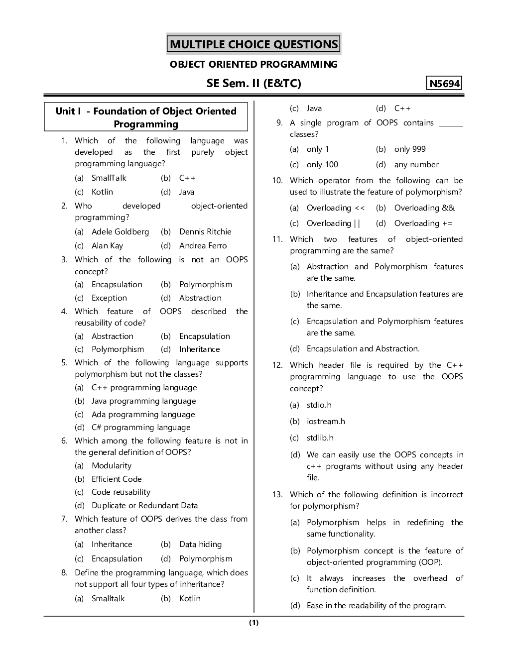 MCQ\'s Object Oriented Programming EXTC Engineering Second Year (Sem-4) - Page 2
