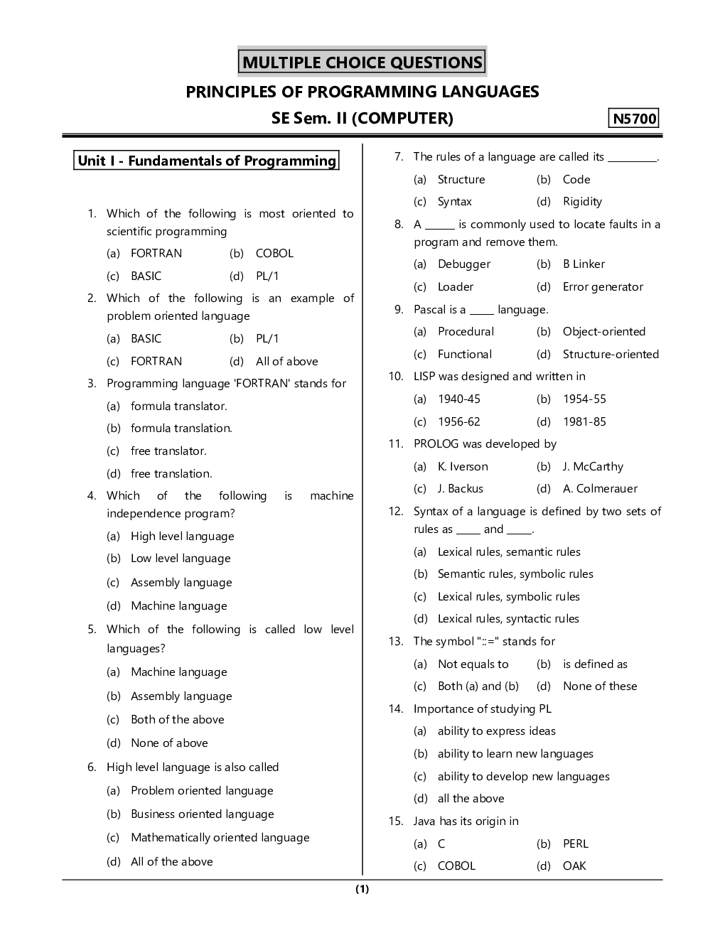 MCQ's Principles Of Programming Languages (Computer Engineering) Second Year Sem-4 - Page 2