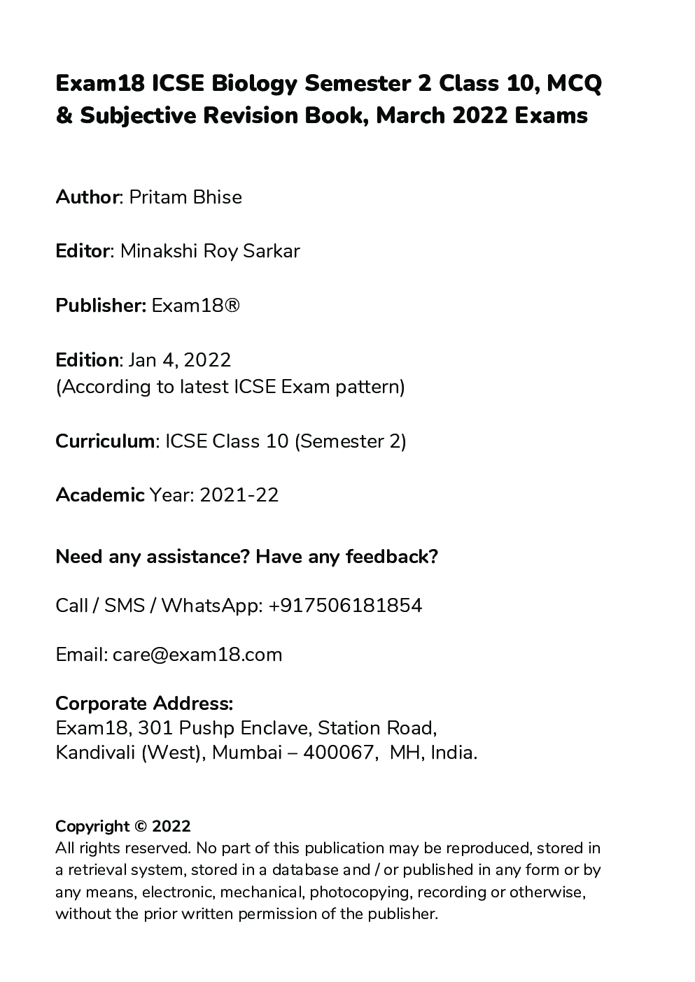 Exam18 ICSE Biology Semester 2 Class 10, MCQ & Subjective Revision Book, March 2022 Exams - Page 3