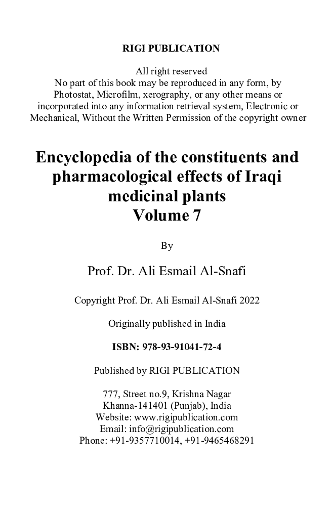 Encyclopedia of the Constituents and Pharmacological Effects of Iraqi Medicinal Plants Volume - 7 - Page 3