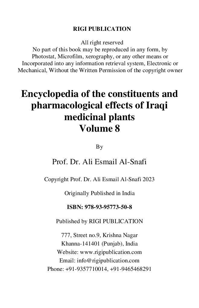 Encyclopedia Of The Constituents And Pharmacological Effects Of Iraqi Medicinal Plants Volume - 8 - Page 3